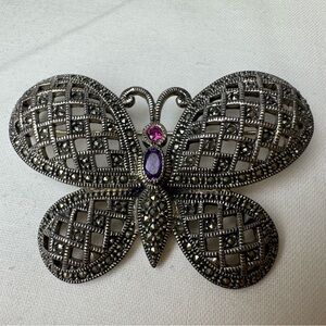 Vintage 925 Sterling Silver Marcasite Butterfly Brooch Purple Pink Stone Insect